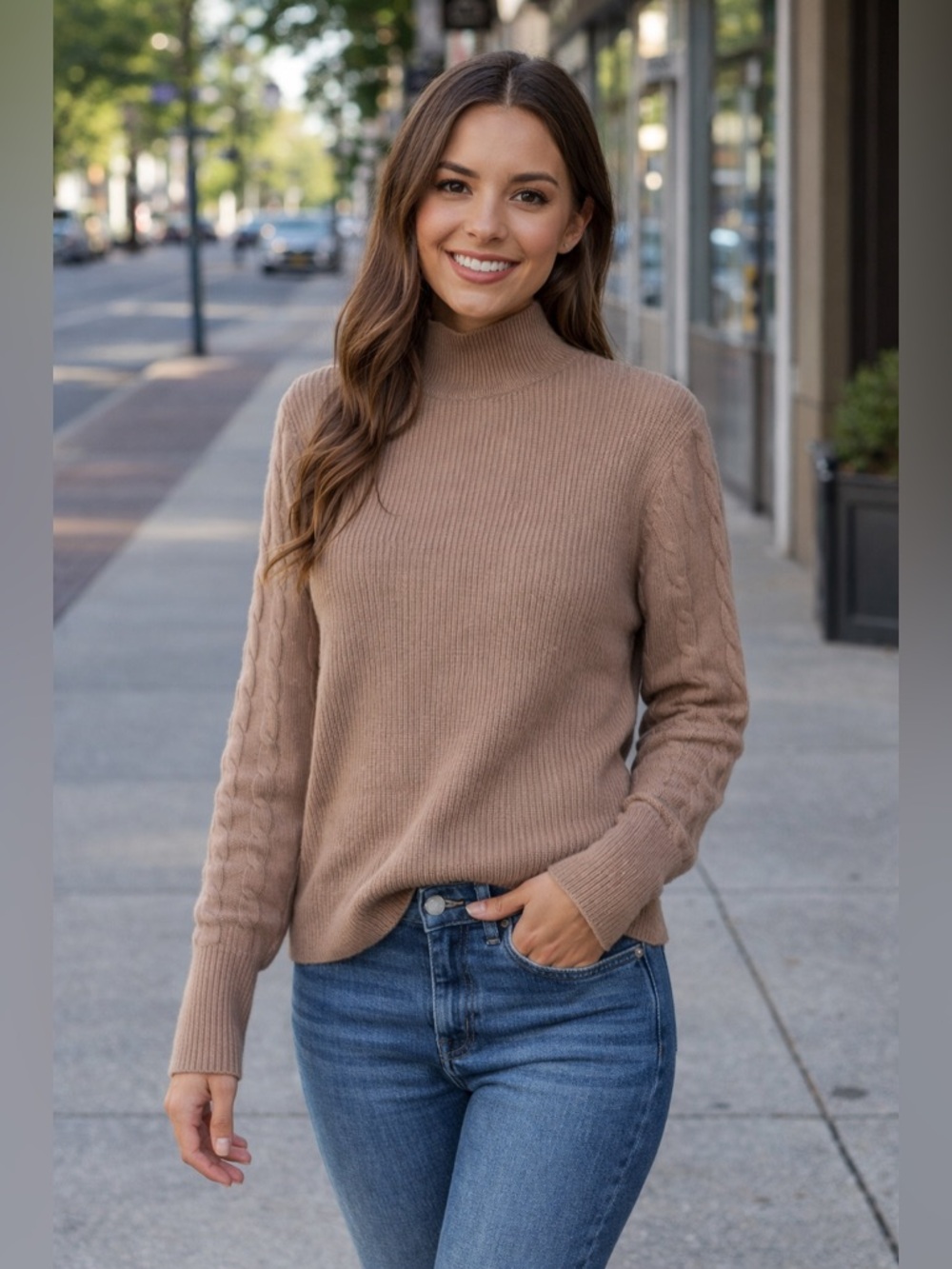 Magaschoni Cashmere Taupe Cable-Sleeve Mock Neck Sweater. Size Medium